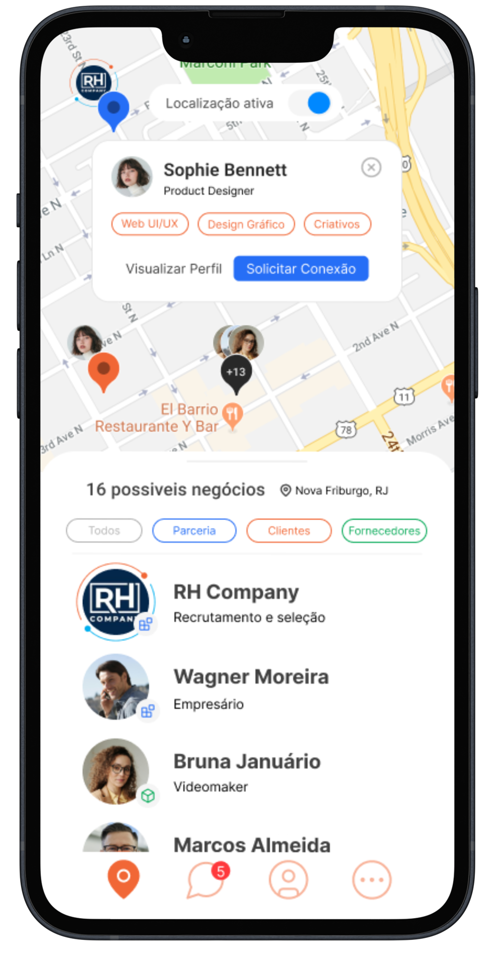 App Bupper mostrando mapa com pins e lista de possíveis negócios